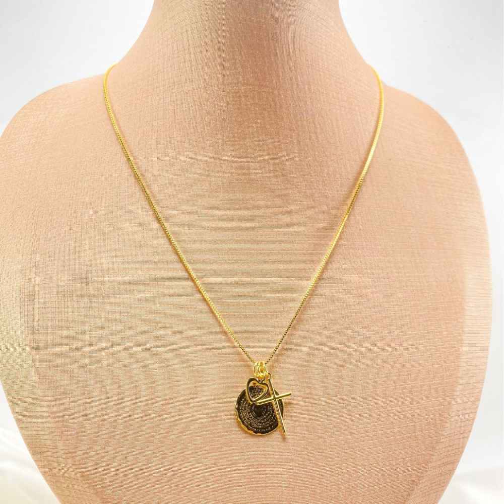 COLAR PAI NOSSO COM PIGENTES DE CORA��O E CRUZ  - FOLHEADO